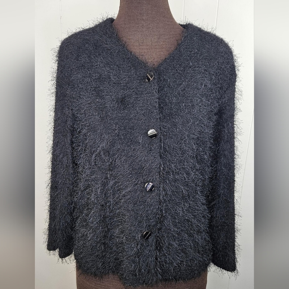 Vintage Picadilly 1980s eyelash cardigan sweater black with shoulder pads Size L